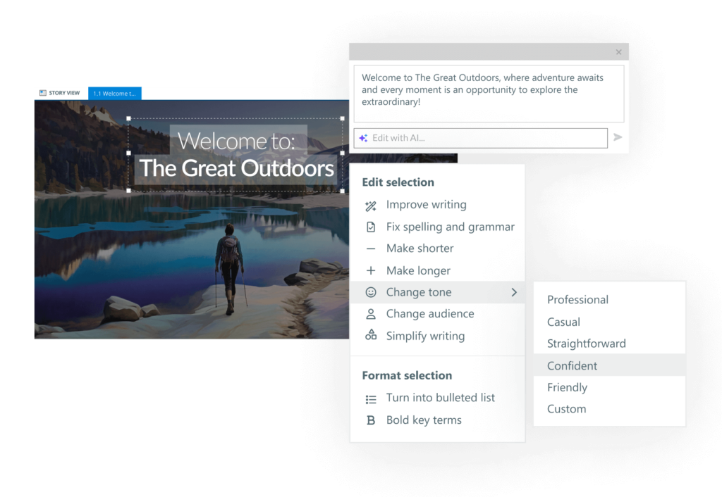 A course creator asks AI to change the tone of their course title to confident. Other options include: professional, casual, friendly, custom, etc.