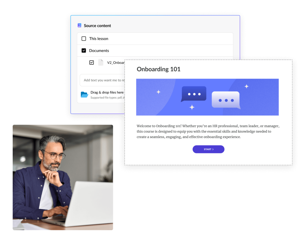 The AI Assistant experience in Rise, in which a person working at a laptop uploads a source document and it's transformed into an Onboarding course.