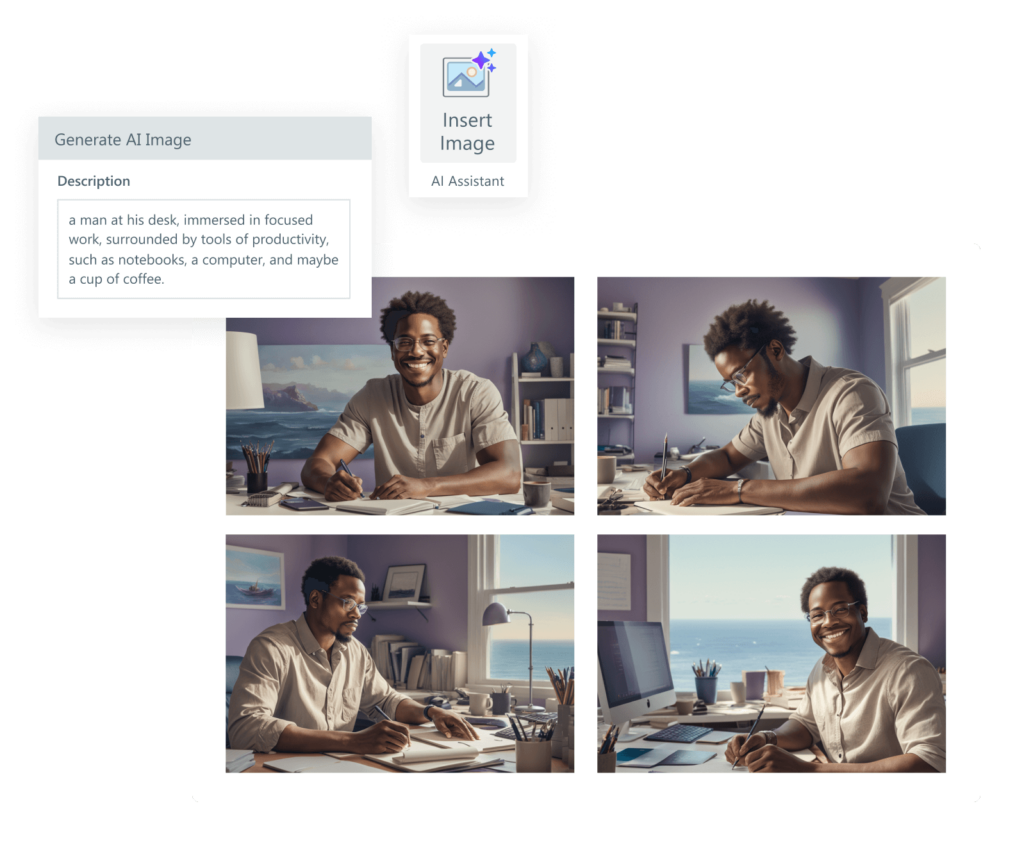 A grid of four AI-generated images in a similar style alongside the description used to generate the images and the button to insert image.