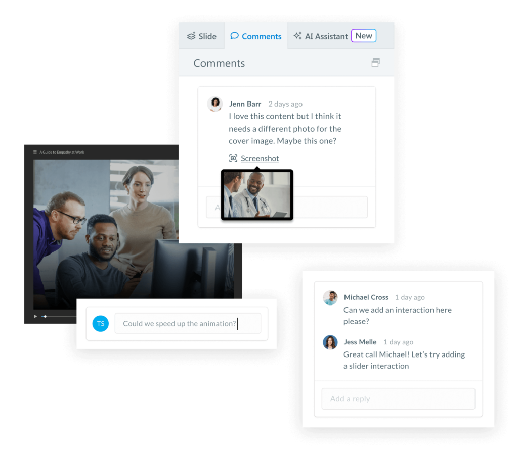 A course showing 3 people looking at a computer screen. Reviewers left comments asking to replace the image and attached an alternative.