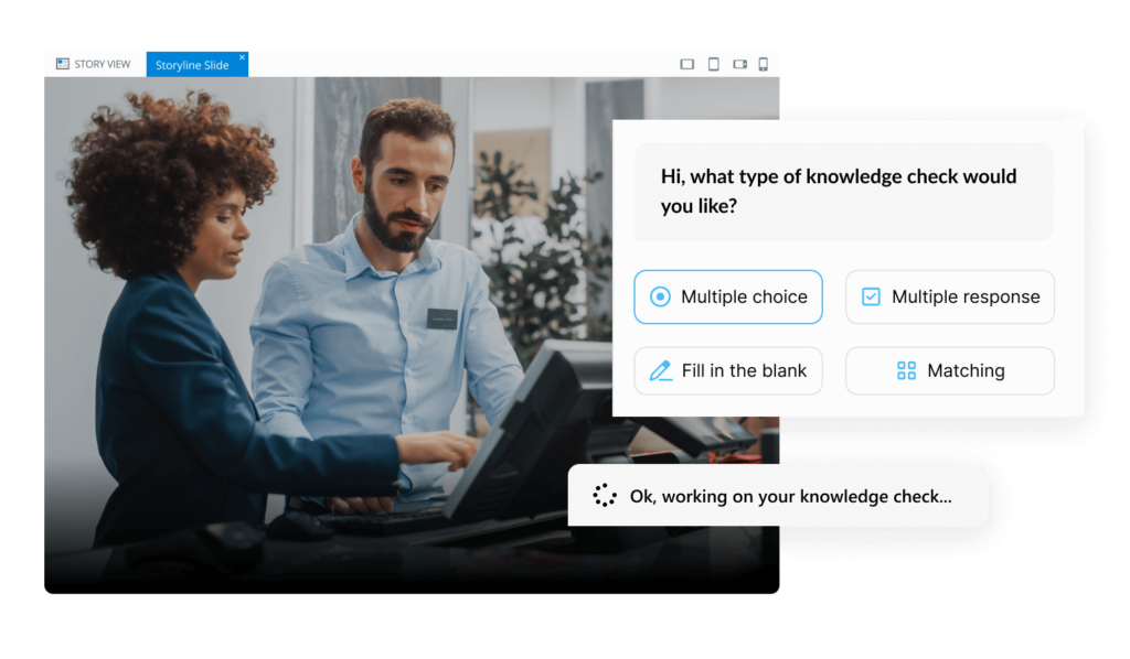 A Storyline slide alongside an image of the AI Assistant knowledge check options, including: multiple choice, multiple response, fill in the blank, and matching.