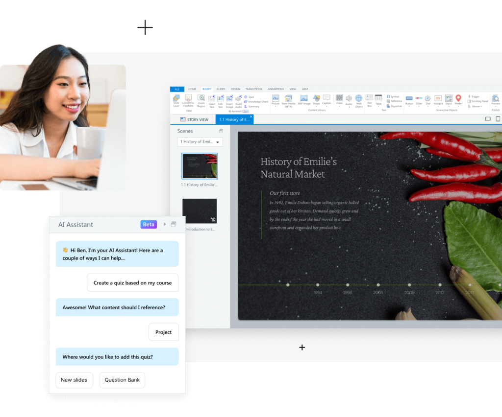The Storyline interface with the AI assistant panel. A person happily working at a laptop asks AI to create a quiz based on her project content.