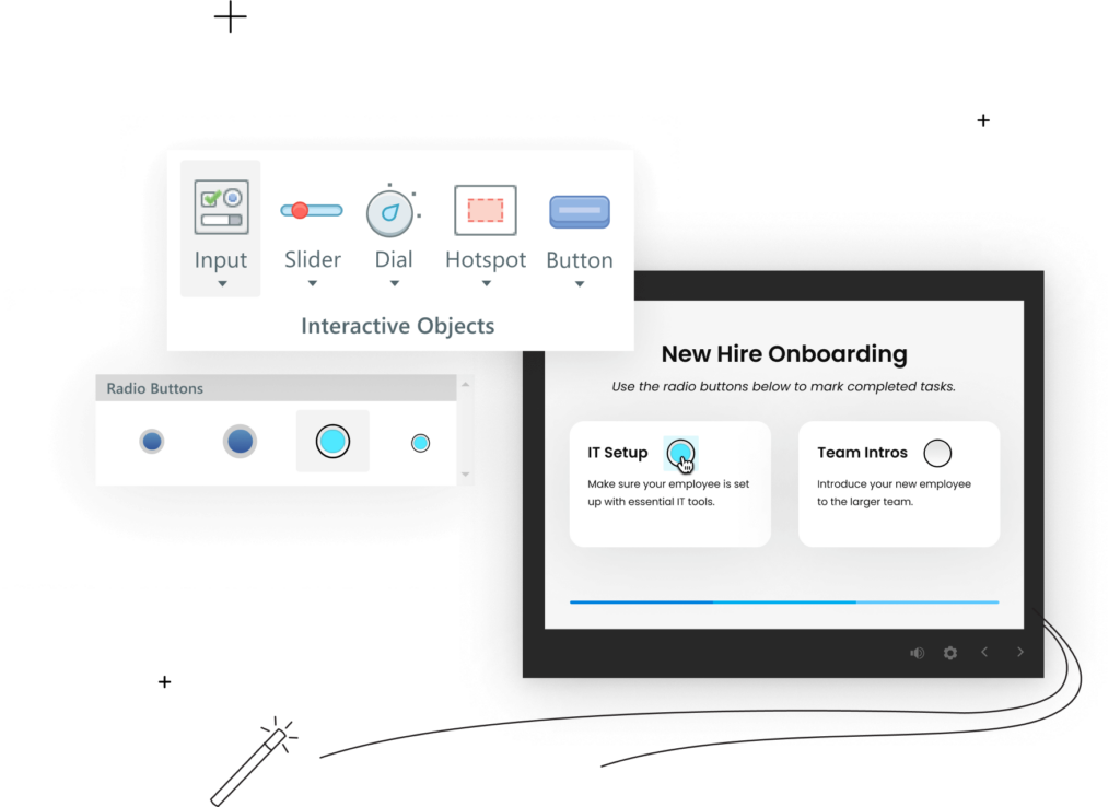 A course showing a slide with two radio buttons alongside the Interactive Objects menu and a selector bar for radio button sizes and colors.