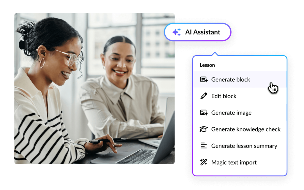 The menu of AI content generation options, including: blocks, images, knowledge checks, and summaries. Also shows edit blocks and import text options.