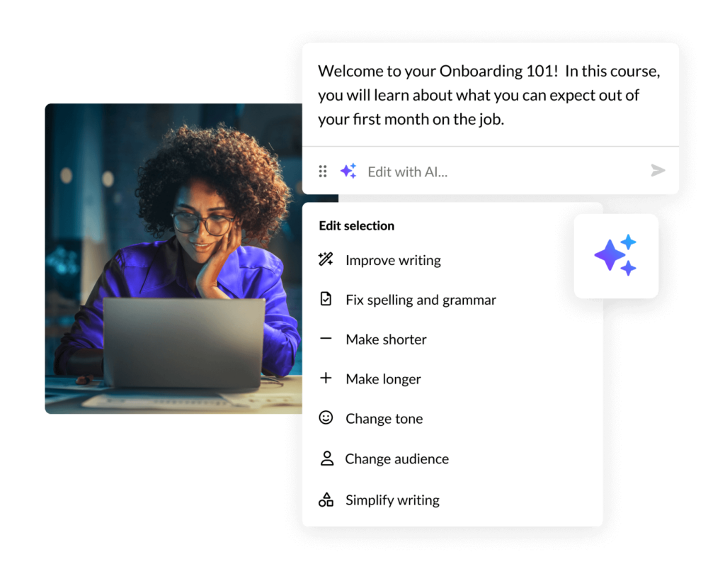 The menu of AI text-editing options, including: improve or simplify, fix spelling and grammar, make shorter or longer, and change tone or audience
