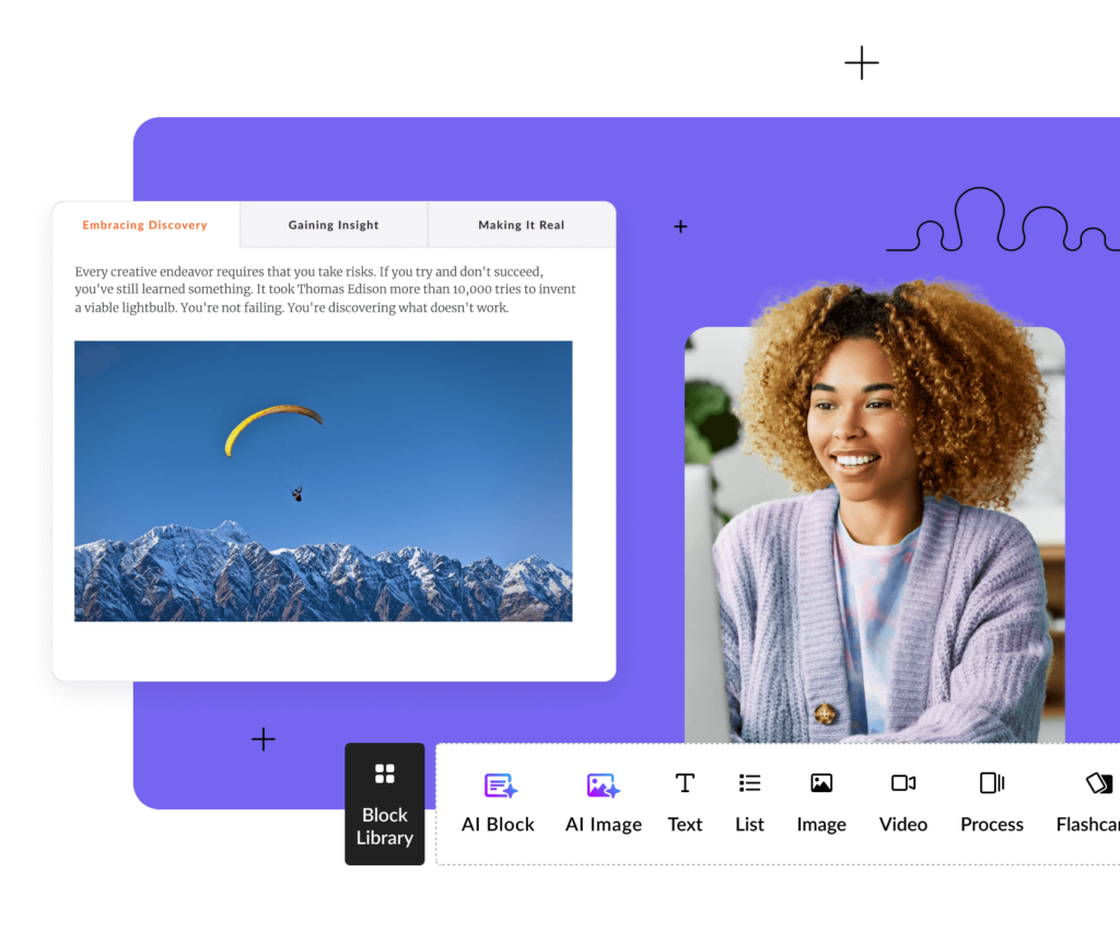 A beautiful tabs interaction and the Rise Block Library bar, accompanied by a photo of a person smiling at a computer.